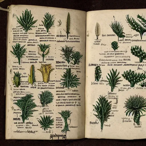 Image similar to an old journal page describing alien plants with rich illustrations