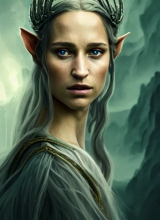 Prompt: side profile centered painted portrait, alicia vikander as elven princess, lord of the rings, tolkien, matte painting concept art, baroque, beautifully backlit, swirly vibrant color lines, fantastically gaudy, aesthetic octane render, 8 k hd resolution, by wlop, greg rutkowski and artey freytag