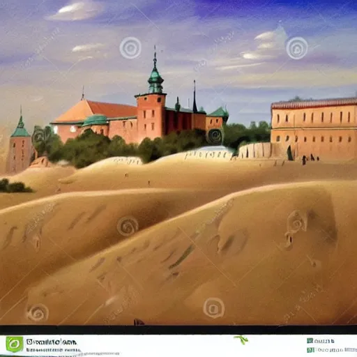 Image similar to painting of Cracow Wawel castle buried in the sands of a vast desert, most of the castle is covered in sand, beautiful lighting, detailed, realistic