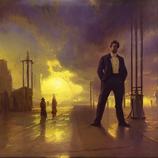 Prompt: painting of a man in suit at a artlilery scifi organic shaped gas pump, floral ornaments, volumetric lights, purple sun, andreas achenbach