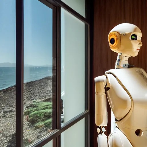 Image similar to dlsr portrait, a humanoid android robot of a beautiful woman made out of expensive high - end 8 0's japanese hi - fi equipment, inside the kitchen of a japanese influenced neo - midcentury modern futuristic villa, huge windows showing a rocky california shoreline at golden hour, 4 k, face enhance, ultra - detailed