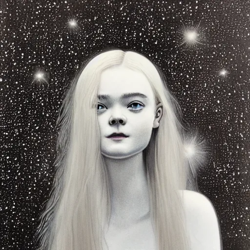 Prompt: Painting of Elle Fanning under a black sky filled with stars, long blonde hair, delicate, pale milky white porcelain skin, by Jean Giraud Moebius. 8K. Extremely detailed.