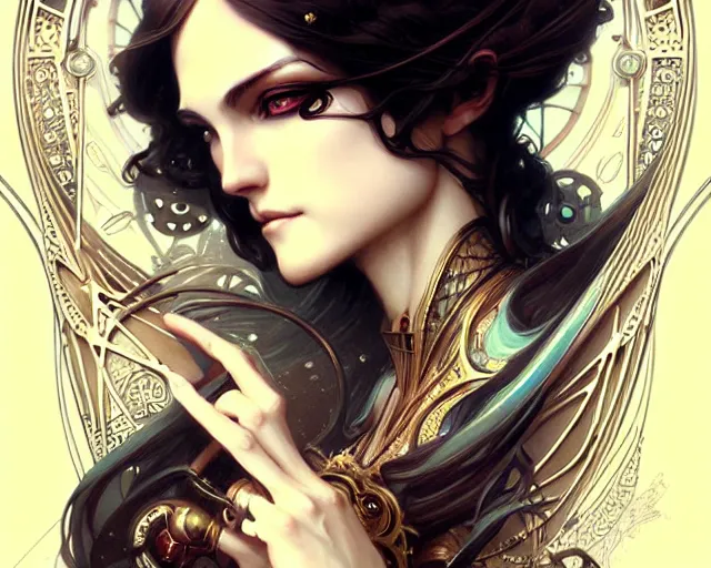 Prompt: Beautiful pair of clockwork eyes, art nouveau, fantasy, intricate machinery designs, elegant, highly detailed, sharp focus, art by Artgerm and Greg Rutkowski and WLOP