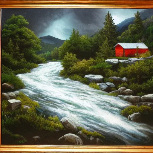 Prompt: a river running past a cabin in mountain side, heavy storm, classic painting, award winning, highly detailed