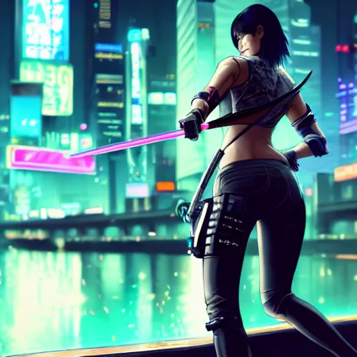 Prompt: beautiful female with katana, short black hair, cyberpunk 2077, city background, rainy night, neon glow concept art, sharp focus, intricate, digital painting, artstation, official media, anime key visual, highly detailed, rich vivid colors ambient lighting, illustration, art by Artgerm, Makoto Shinkai, Ilya Kuvshinov, Lois Van Baarle and Rossdraws