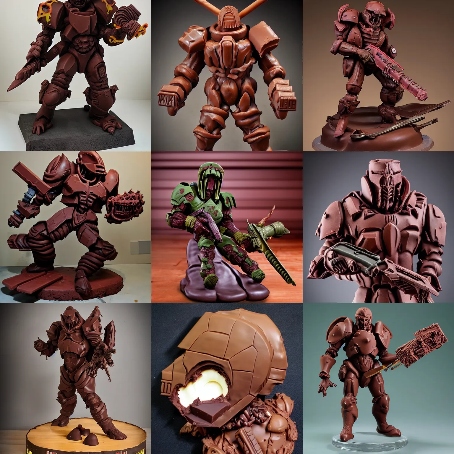 Prompt: chocolate sculpture of doom slayer