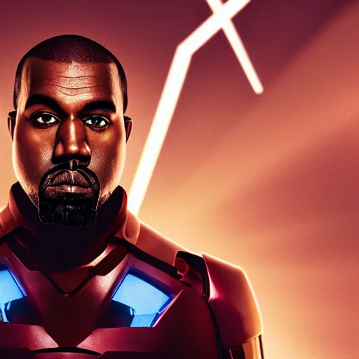 Image similar to Portrait of Kanye West in a Ironman-suit, no helmet, splash art, movie still, cinematic lighting, dramatic, octane render, long lens, shallow depth of field, bokeh, anamorphic lens flare, 8k, hyper detailed, 35mm film grain