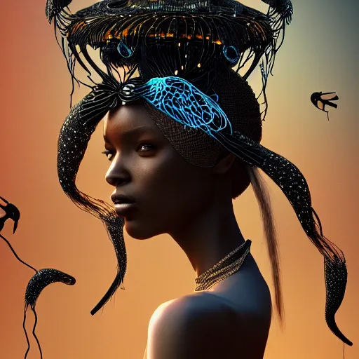 Prompt: lost in paradise hyperdetailed illustration by irakli nadar, adut akech, matt wisniewski style, intricate linework, dark black skin, box jellyfish headdress, unreal engine 5 highly rendered,