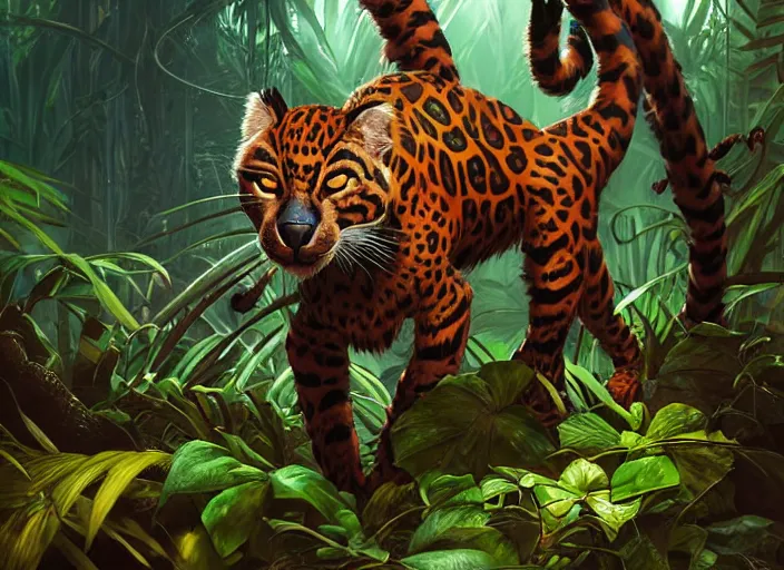 Image similar to character portrait feature of the anthro male anthropomorphic jungle cat jaguar fursona wearing shaman outfit in the amazon rainforest, character design stylized by charlie bowater, ross tran, artgerm, makoto shinkai, detailed, soft lighting, rendered in octane