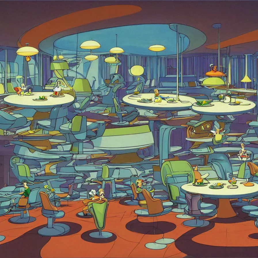 Image similar to concept art of jetsons cartoon indoor big dinning room, painted by tim white