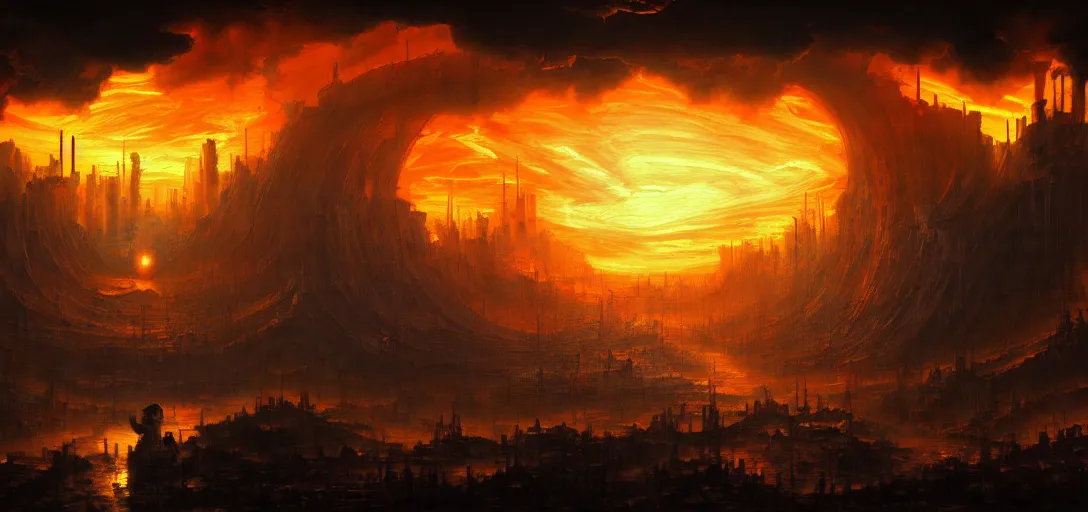 Image similar to baroque oil painting of environment of a hell portal in a cyberpunk world, brutalist, dark fantasy, sunset, rule of thirds, digital cel shading, fake hidden detail, trending on pixiv fanbox