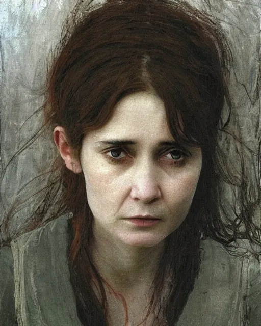 Image similar to a beautiful but sinister woman who looks like a young shirley henderson in layers of fear, with haunted eyes and crazy hair, 1 9 7 0 s, seventies, delicate embellishments, a little blood, crimson, painterly, offset printing technique, by jules bastien - lepage