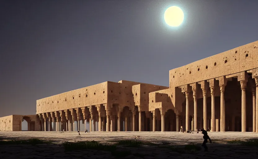 Image similar to exterior shot of utopian ancient persian architecture with cinematic lighting by peter zumthor and renzo piano, darek zabrocki and greg ruthkowski, simon stalenhag, m. c. escher vibe, cinematic, holy place, paradise, scifi, futurism, atmospheric, concept art, artstation, trending on artstation