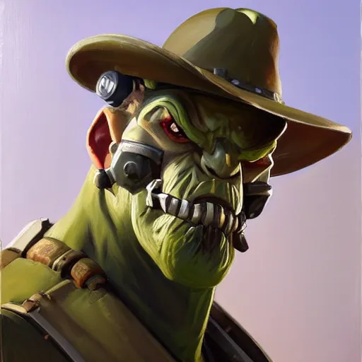 Image similar to greg manchess close - up portrait painting of a handsome older male dieselpunk orc with olive green skin as an overwatch character, medium shot, asymmetrical, profile picture, organic painting, sunny day, matte painting, bold shapes, hard edges, street art, trending on artstation, by huang guangjian and gil elvgren and sachin teng