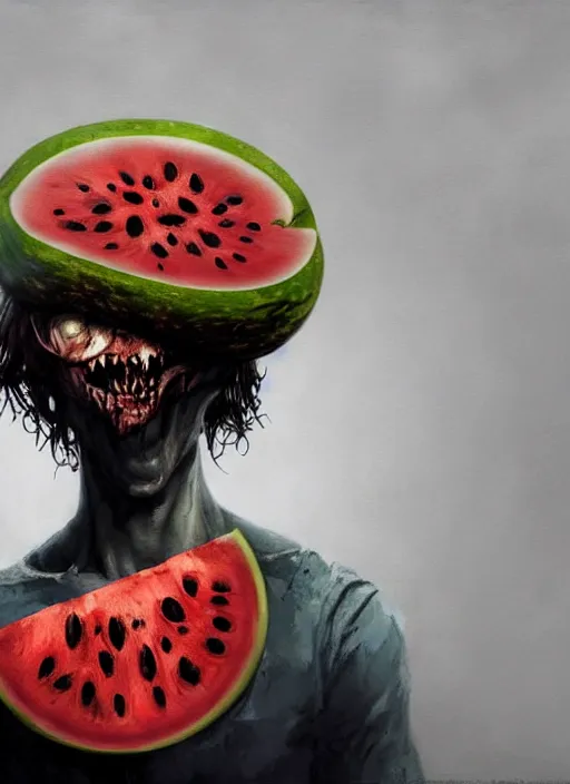 Image similar to hyper realistic photography portrait of smiling zombie with a watermelon helmet cinematic, greg rutkowski, brom, james gurney, mignola, craig mullins, artstation, cgsociety