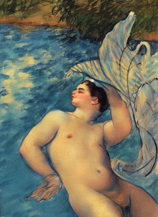 Prompt: vintage beautiful painting of a beautiful gay merman sitting on a pearl in the middle of an ocean in Mary Cassatt style