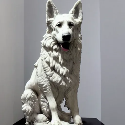 Prompt: statue of a short hair german shepherd dog, white marble, in a museum, by Gian Lorenzo Bernini