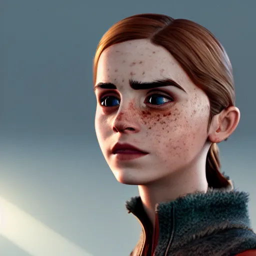 Image similar to textured film grain freckled face scratches and smudges emma watson as a pixar character cgsociety octane render unreal engine redshift render trending on artstation trending on artstation render blender behance cg superhero