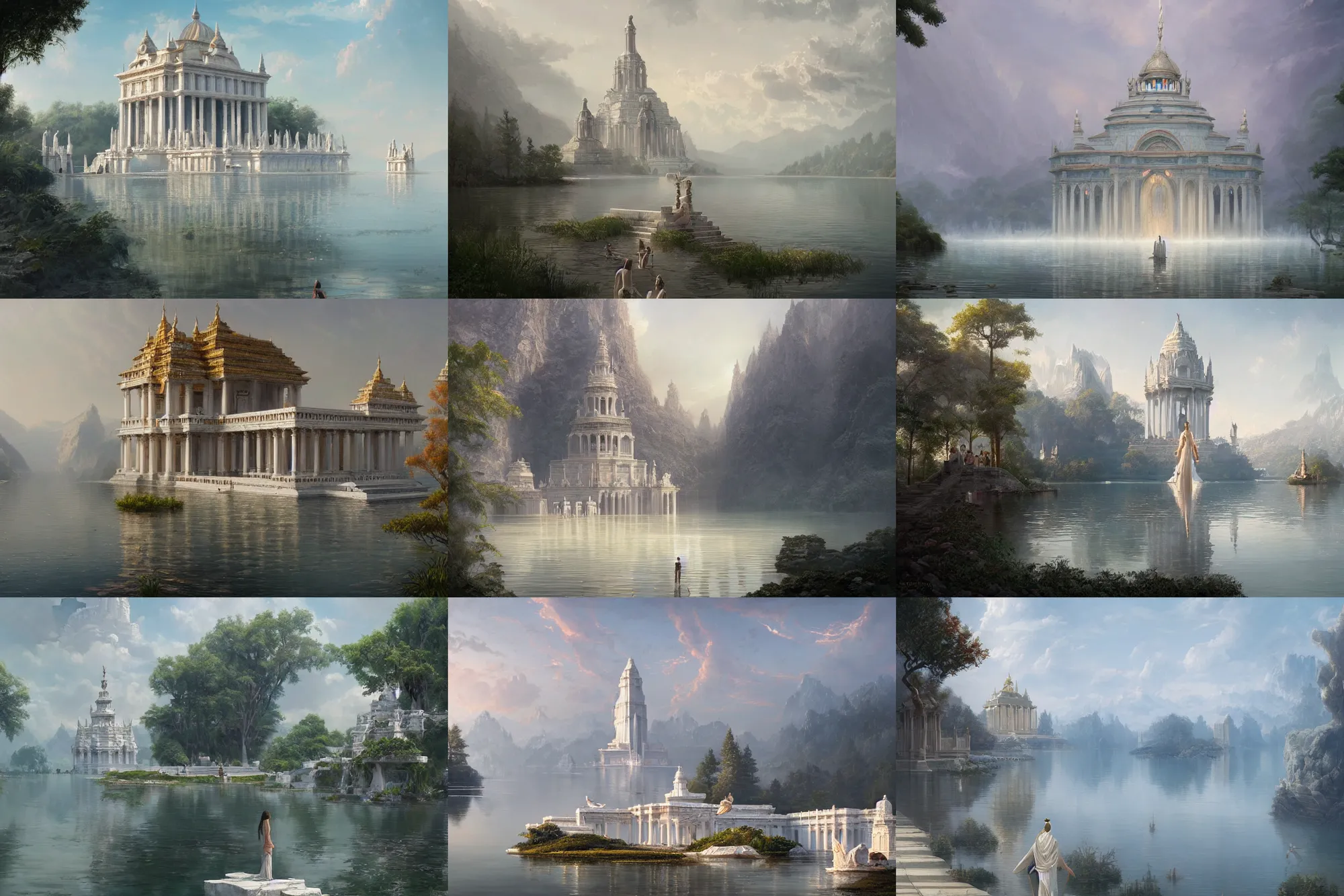 Prompt: a beautiful lake with a towering white marble temple to the water goddess, a fantasy digital painting by greg rutkowski and james gurney, trending on artstation, highly detailed