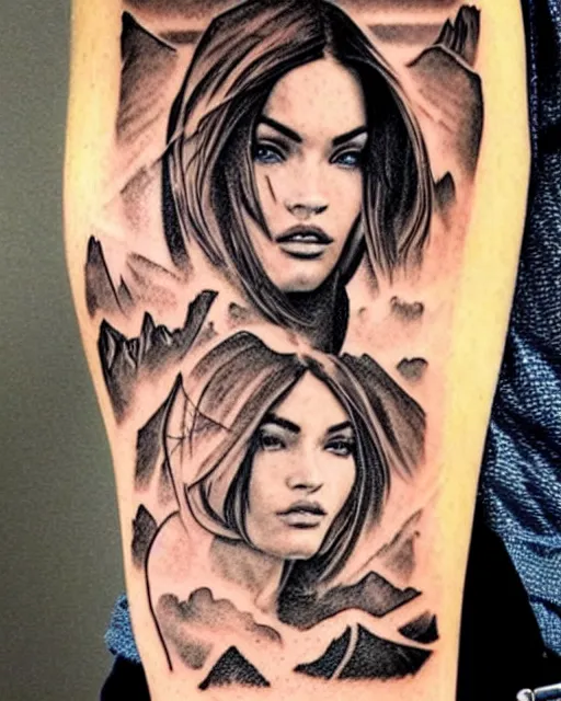 Prompt: amazing double exposure effect tattoo design sketch of megan fox with beautiful mountains, realism tattoo, in the style of andrey lukovnikov, amazing detail, sharp