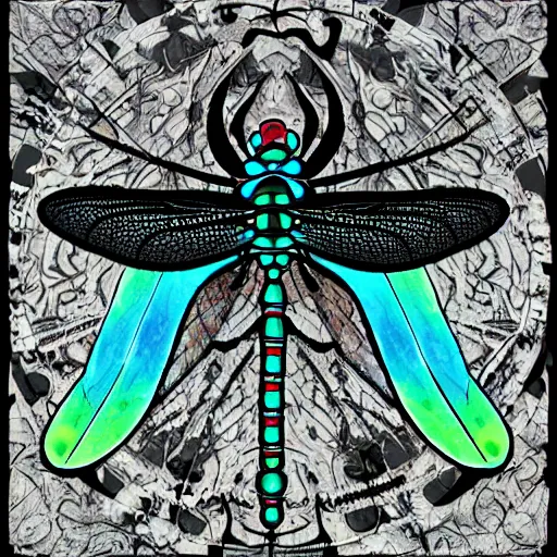 Image similar to dragonfly recording a new music, dark fantasy, electronic music, rave, HD, strong contrast