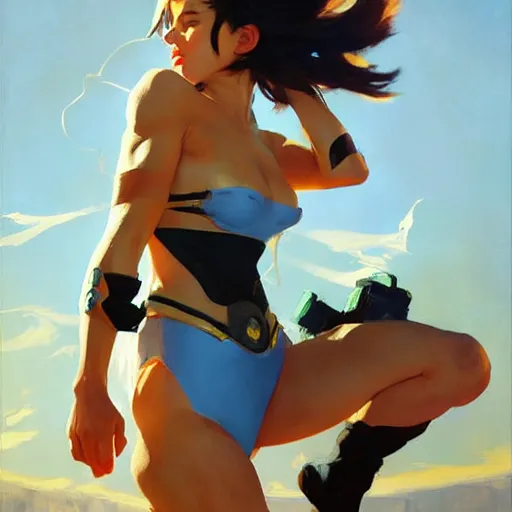 Image similar to greg manchess painting of tracer wearing a bikini knight armor, medium shot, organic painting, sunny day, bold shapes, hard edges, street art, trending on artstation, by huang guangjian and gil elvgren and sachin teng and artgerm and greg rutkowski and alphonse mucha