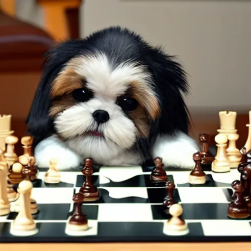 Image similar to cute shi tzu playing chess