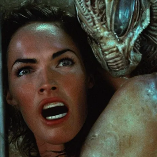 Image similar to film still of Megan Fox being held against a wall by a predator in the movie Alien.