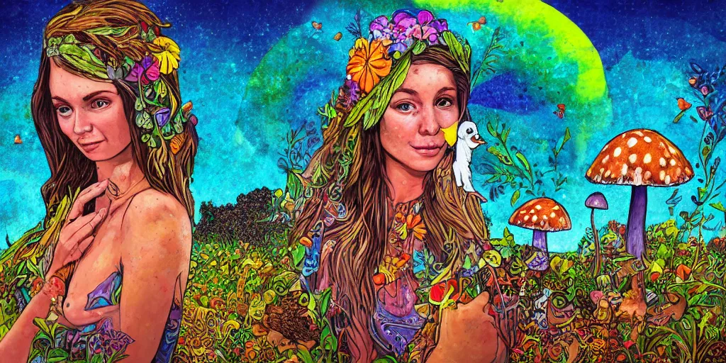 Prompt: portrait of cute hippy chick with mushrooms growing out her ears. background psychedelic landscape. highly detailed photorealistic