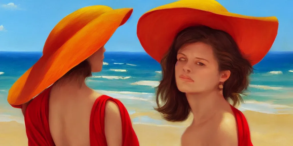 Image similar to beautiful oil matte portrait painting, young woman with red dress and mustard yellow summer hat at a beach on a sunny day, wonderful masterpiece highly detailed, beautiful cinematic light deep focus, elegant, digital painting, smooth, sharp focus, golden ratio, dramatic illumination, ultra realistic, 8 k, art by jimmy law and caravaggio