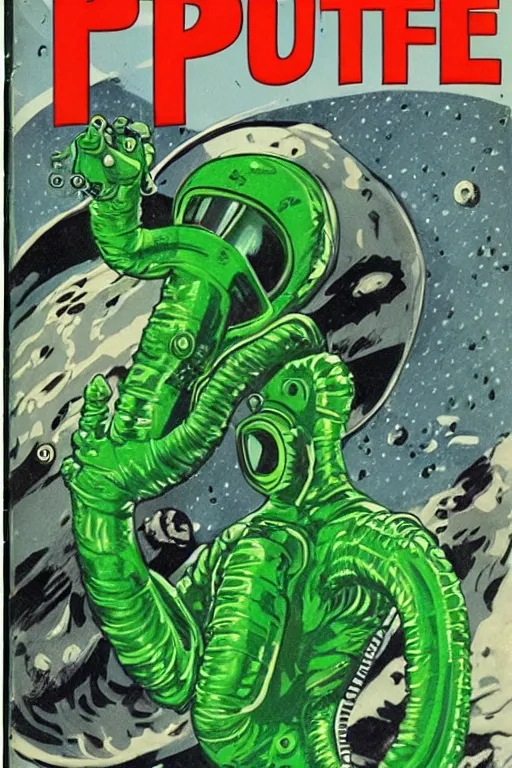 Prompt: pulp cover astronaut wielding a gun, green lunar surface, tentacle monster