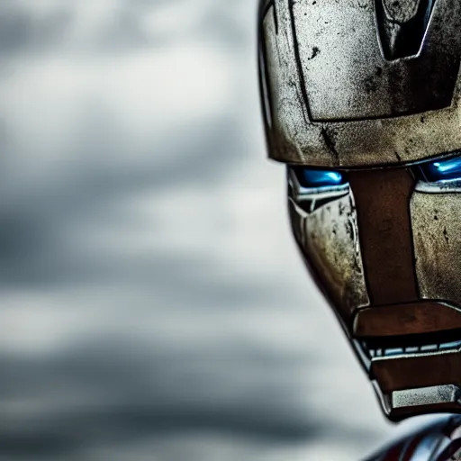 Prompt: close - up ironman in a white armor, battle damaged, shallow depth of field, moody lighting, 8 k,