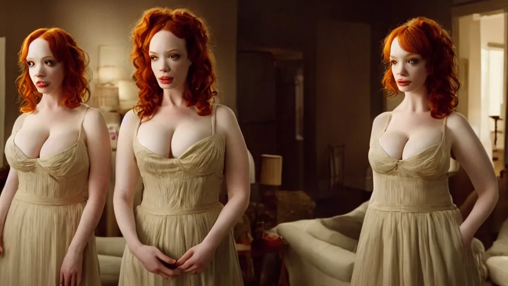 Image similar to a very surprised beautiful Christina Hendricks and her twin sister in the living room, film still from the movie directed by Denis Villeneuve with art direction by Salvador Dalí, wide lens