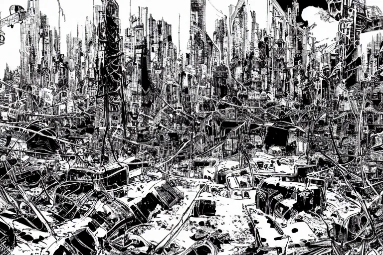 Image similar to no man's land, remnants of the human civilization, post-apocalyspe, by Tsutomu Nihei