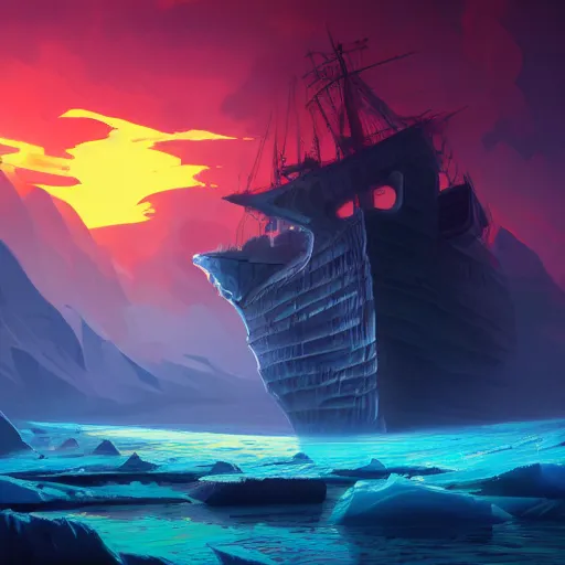 Prompt: concept art by jama jurabaev, cel shaded, cinematic shot, trending on artstation, high quality, brush stroke, vibrant colors, sunset, a mysterious giant ghost ship trapped in the glacier