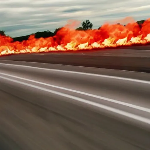 Image similar to photograph of donald trump on the highway firebending cars, dramatization