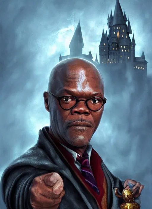 Image similar to Dramatic portrait photo of Samuel L Jackson as Harry Potter, wizard, cracked castle in background, dramatic lighting, digital painting, concept art, smooth, sharp focus, art by artgerm