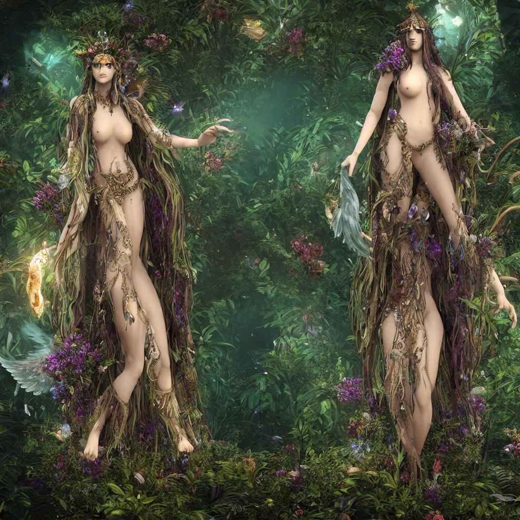 Image similar to single full body wiccan high priestess with angelic face, super fine details and intricate jewelry with feathers and crystals, ethereal, in clear water surrounded by lush plants flowers and phoenix birds, divine realm of gods, solarpunk realistic cinematic style, filmed in 70mm, volumetric lighting, octane render, photographic, concept art, artist Leonardo DaVinci, unreal engine, 8k