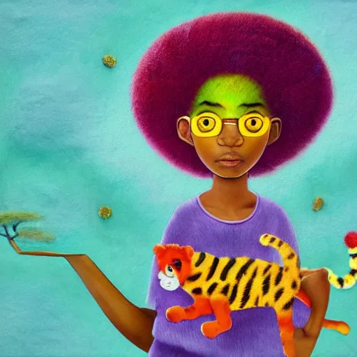 Image similar to an african girl with a colorful afro and big beautiful eyes playing with her pet rainbow tiger, bright colours, watercolor, volumetric wool felting, macro photography, children illustration, by goro fujita