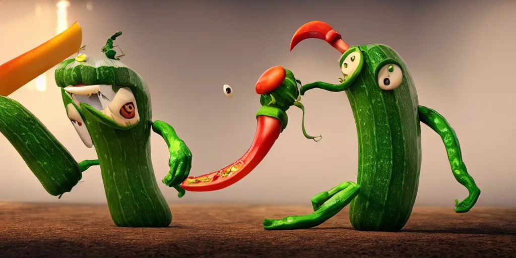 Prompt: detailed 3 d render of a bad zucchini character with arms and legs and a long sword!! chasing after a tomato character, hyper realistic octane render, cinematic lighting, deviantart, frame from independent movie