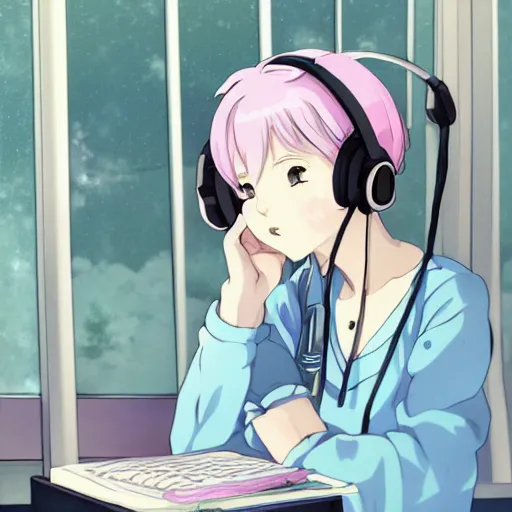 Image similar to high definition anime portrait of a pastel blue haired anime girl sitting at a desk studying with headphones on, background is a window looking out into a busy Tokyo district, lo-fi art, by Studio Ghibli, trending on artstation, sharp high quality anime, digital art, photoshop, proportionate, ambient lighting