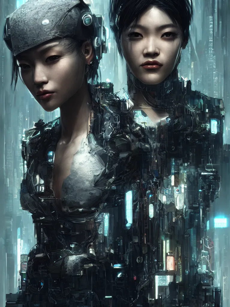 Prompt: a beautiful cyberpunk portrait of one tall stunning Asian cyborg model, in the movie Dark City, intricate, elegant, highly detailed, artstation, concept art, smooth, sharp focus, illustration, award-winning, masterpiece, in the style of Cedric Peyravernay