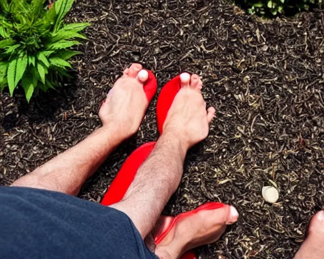 Prompt: mr robert is drinking fresh tea, smoke weed and meditate using his feet in a garden from spiral mug, he has dark grey hairs, detailed glad face, chest legs, visible belly, happy toes, golden hour closeup photo, red elegant shirt, eyes wide open, ymmm and that smell