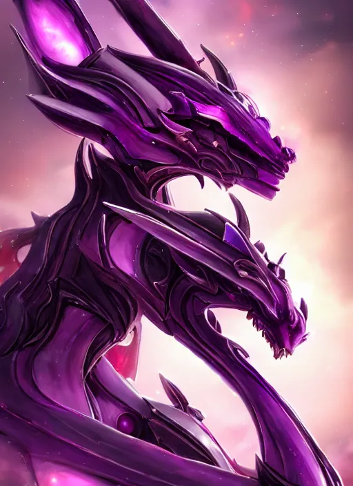 Image similar to cinematic goddess body shot, cosmic size beautiful stunning hot anthropomorphic robot mecha female dragon, sleek dragon head, metal ears, led purple eyes, smooth fuschia skin, smooth silver armor, in space, epic proportions, macro, epic size, epic scale, furry art, dragon art, giantess art, warframe fanart, furaffinity, octane