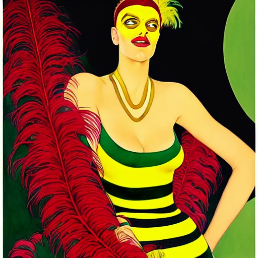 Image similar to art by joshua middleton, a medium shot portrait of the golden creeper, a tall manically smiling yellow - skinned woman with green and black striped cycling shorts and wearing a long red and black striped ostrich feather boa, yellow makeup, mucha, kandinsky, poster, art deco motifs, comic art, stylised design, scarlet feather boa