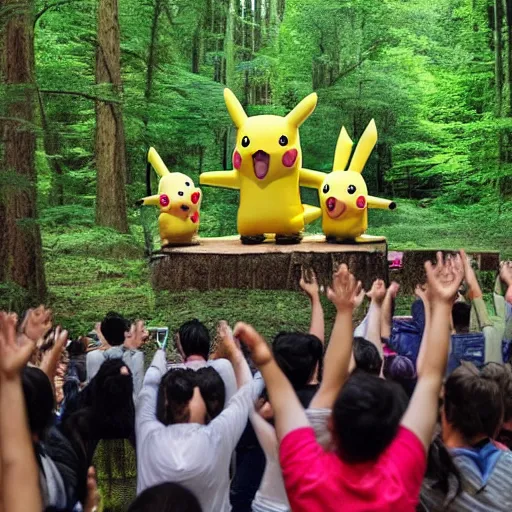 Image similar to photograph of a group of people worshipping a giant pikachu in a forest