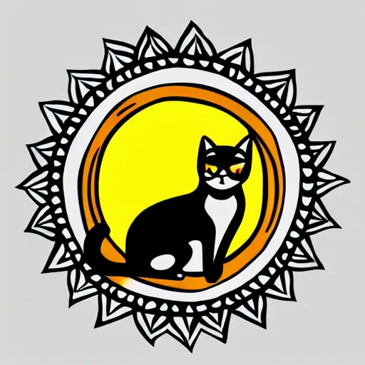 Image similar to tattoo sketch of a cat hugging the sun, on a yellow paper, ornament maori, minimalism, vector