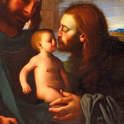 Image similar to 1 8 th oil panting of a jesus kissing with maria maddalena