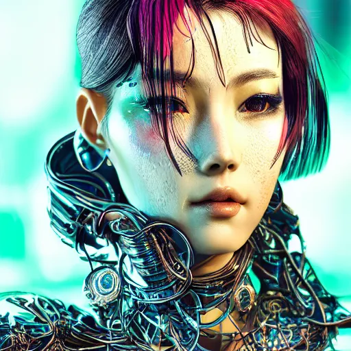 Prompt: the portrait of an absurdly beautiful, graceful, elegant, sophisticated, fashionable cyberpunk gravure idol, an ultrafine hyperdetailed illustration by kim jung gi, irakli nadar, hong june hyung, intricate linework, bright colors, porcelain skin, unreal engine 5 highly rendered, global illumination, radiant light, detailed and intricate environment