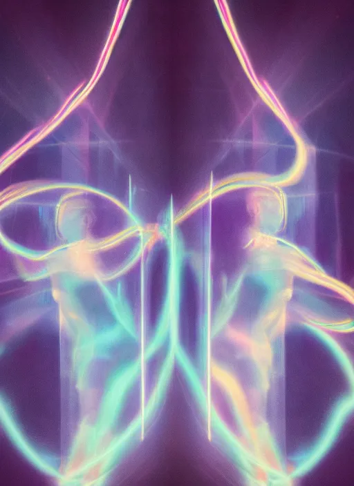 Image similar to symmetrical females ascending astral projection, liquid glowing auras, motion blur, long exposure, film grain, cinematic lighting, experimental film, shot on 1 6 mm